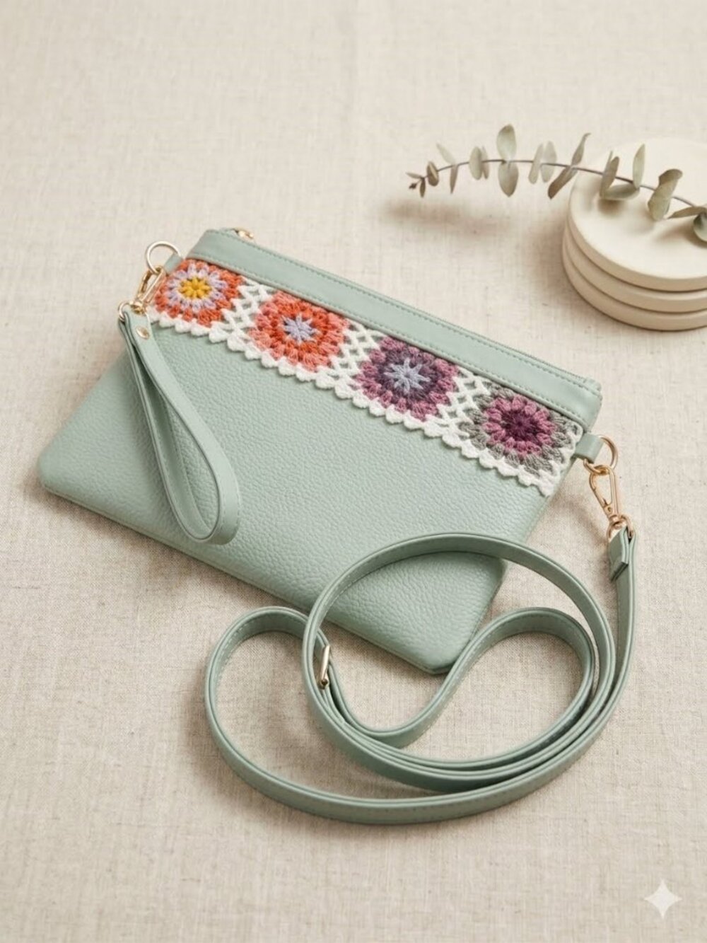 Shoulder Crossbody Bag Crochet Detail Adjustable Strap Handbag